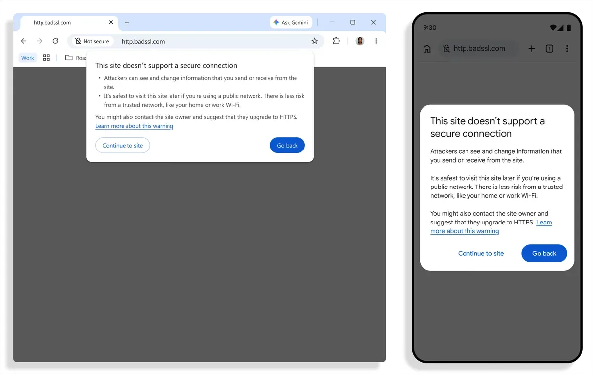 คำเตือน This site doesn't support a secure connection ของ Chrome บนเดสก์ท็อปและมือถือ พร้อมปุ่ม Continue to site และ Go back