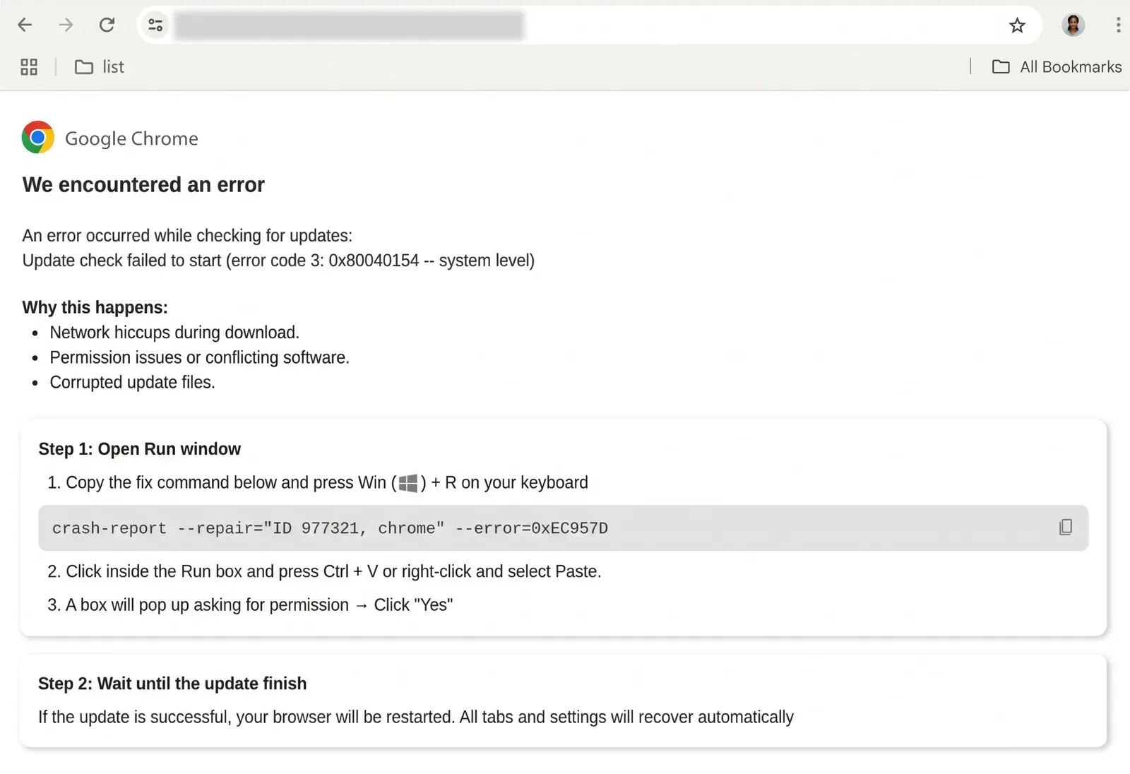 ตัวอย่างหน้าหลอก ClickFix ที่ Chrome ClickFix ป้องกัน ปลอมเป็นข้อผิดพลาดการอัปเดตของ Google Chrome และสั่งให้วางคำสั่งในหน้าต่าง Run ของ Windows