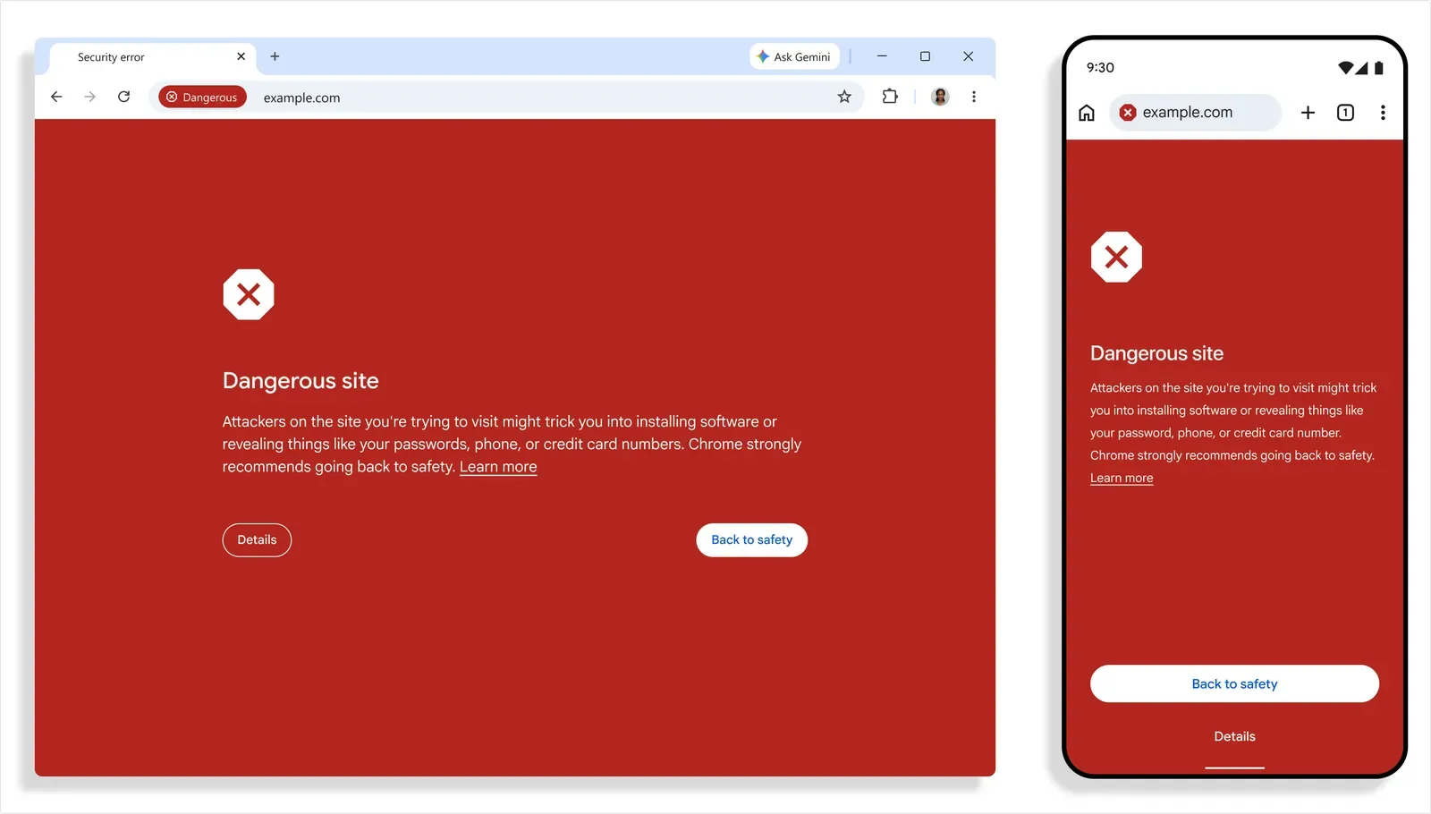 หน้าเตือน Dangerous site สีแดงเต็มจอของ Chrome บนคอมพิวเตอร์และมือถือ