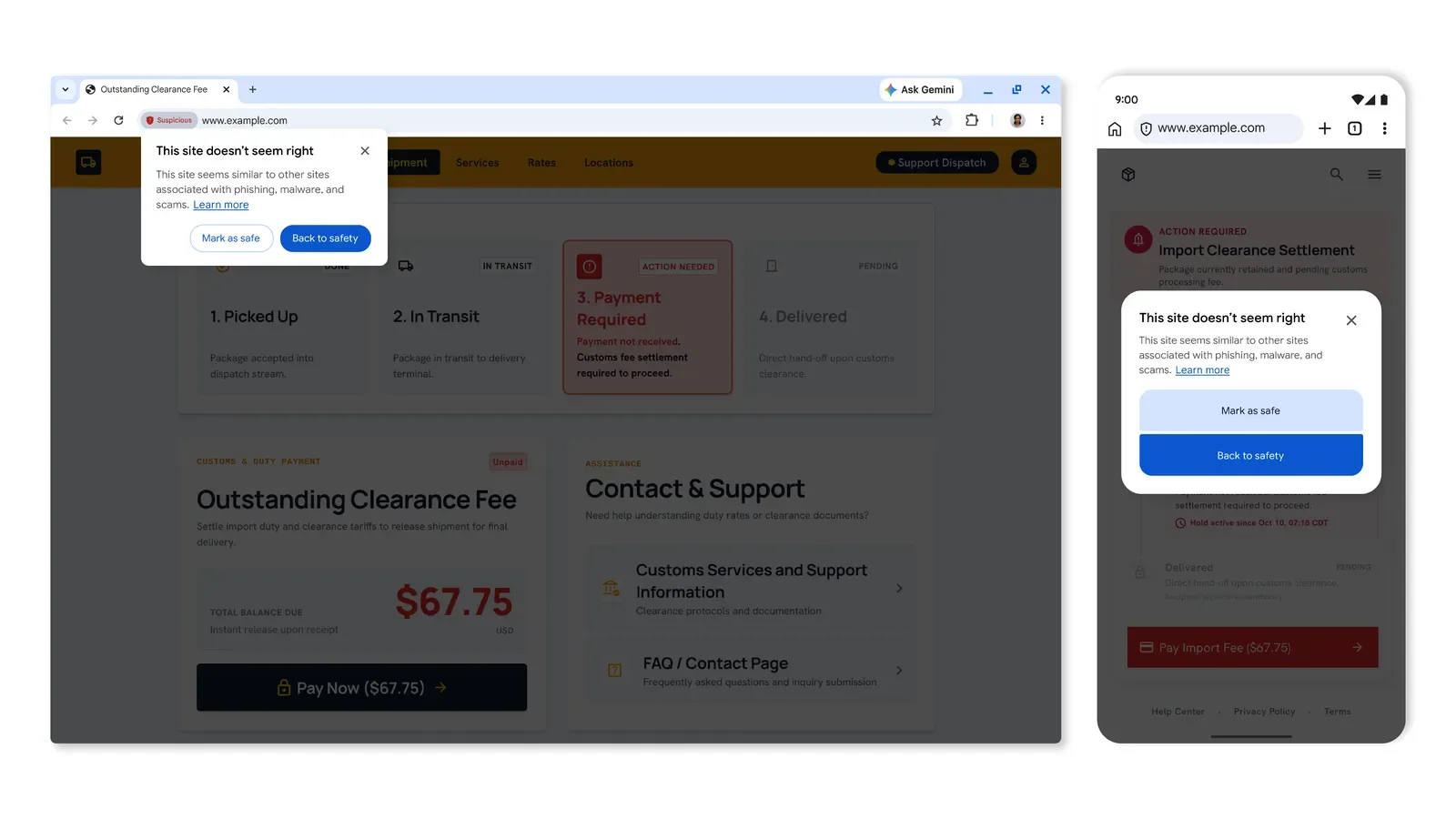 คำเตือนเว็บน่าสงสัยของ Chrome บนคอมพิวเตอร์และ Android ขึ้นกล่อง This site doesn't seem right พร้อมปุ่ม Mark as safe และ Back to safety