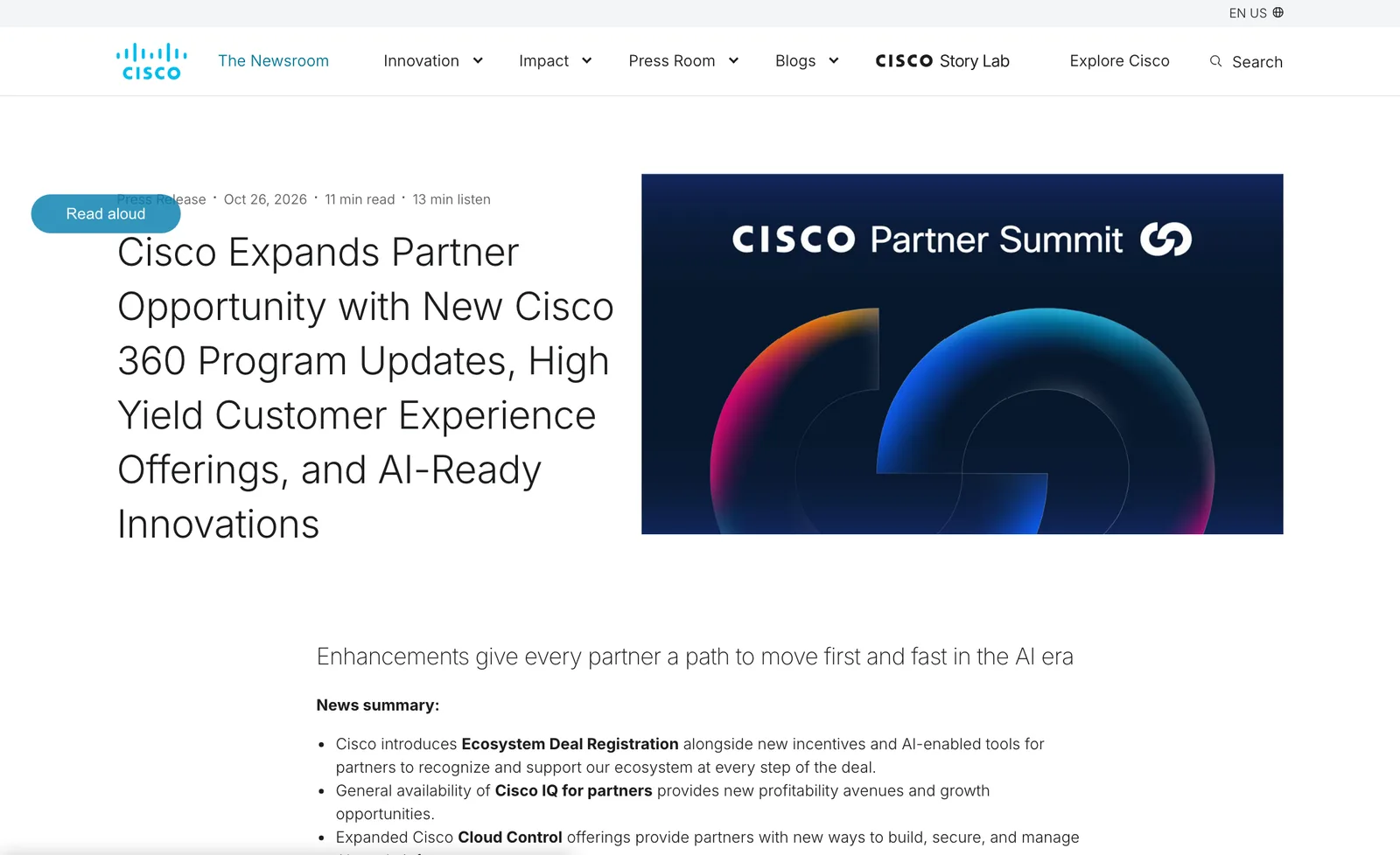 หน้าข่าวประชาสัมพันธ์ของ Cisco วันที่ 26 ตุลาคม 2026 จากงาน Cisco Partner Summit ที่ประกาศ Cisco IQ, Cloud Control และ Cisco CW9176ISEC