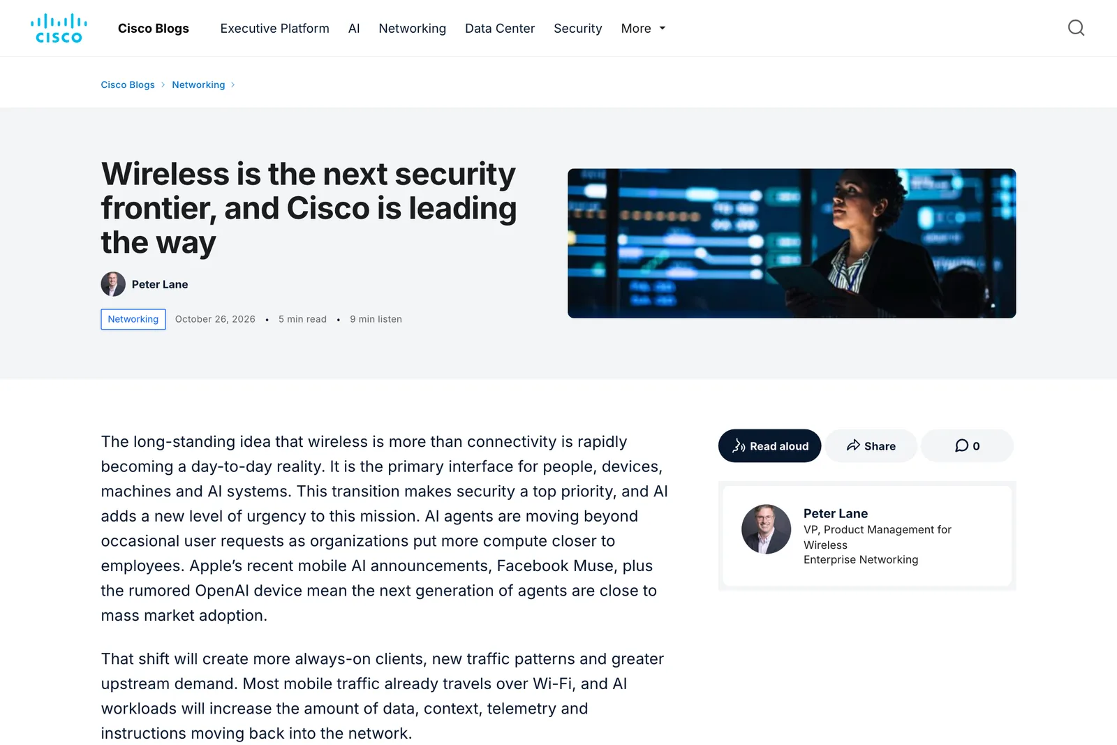 บล็อก Cisco Networking วันที่ 26 ตุลาคม 2026 โดย Peter Lane เรื่อง Wireless is the next security frontier ซึ่งเปิดตัว Cisco CW9176ISEC และ PQC over the air