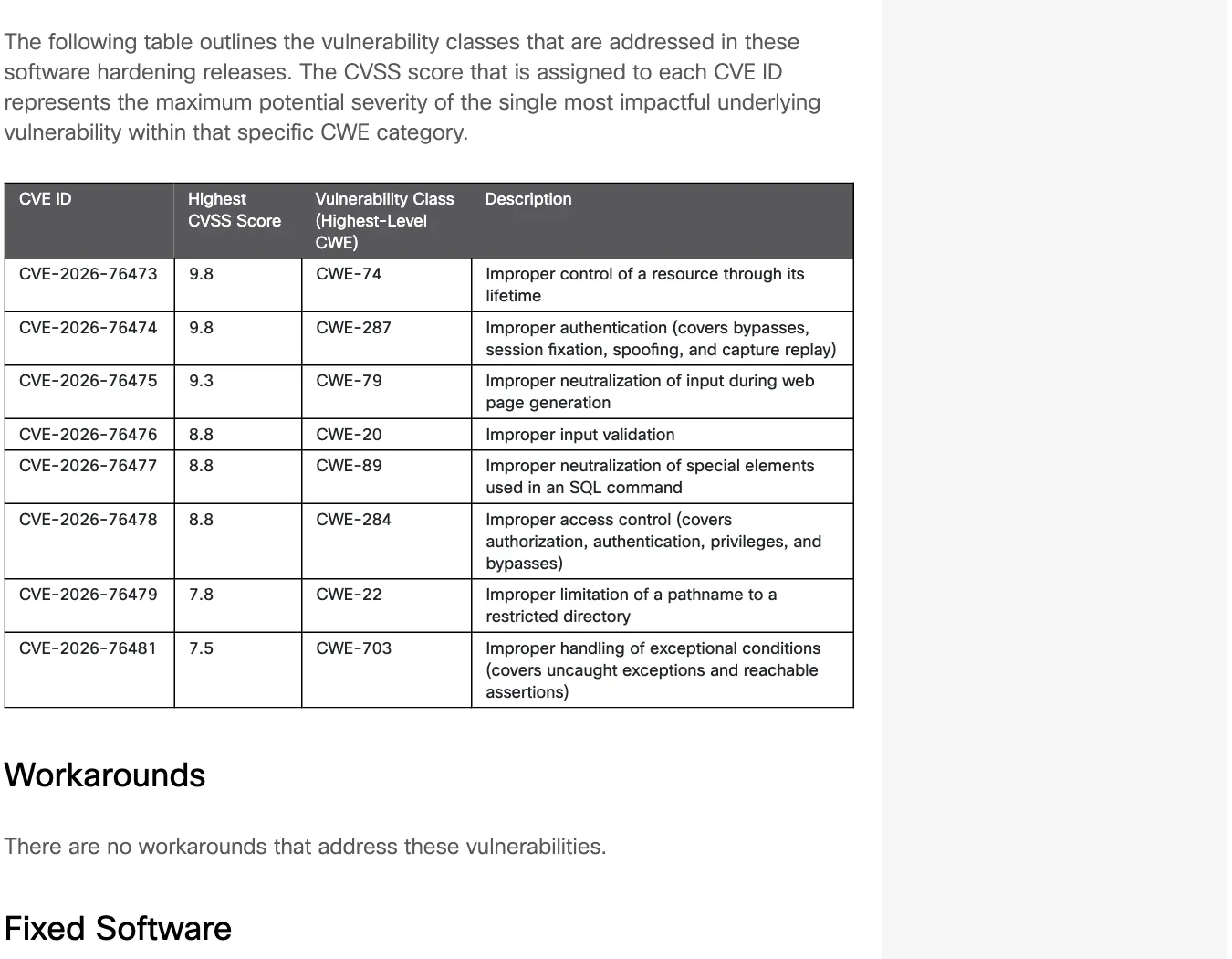 ตาราง CVE ในประกาศ Cisco Unified Communications Products Security Hardening Release October 2026: CVE-2026-76473 และ CVE-2026-76474 คะแนน 9.8 CVE-2026-76475 9.3 ไล่ถึง CVE-2026-76481 7.5
