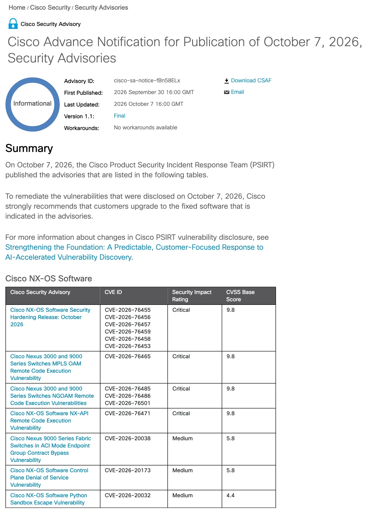 ภาพหน้าจอตารางประกาศกลุ่ม Cisco NX-OS ในประกาศล่วงหน้าของ Cisco สำหรับชุด 7 ตุลาคม 2026 มีช่องโหว่ Critical บนสวิตช์ Cisco Nexus 3000 และ 9000 คะแนน 9.8