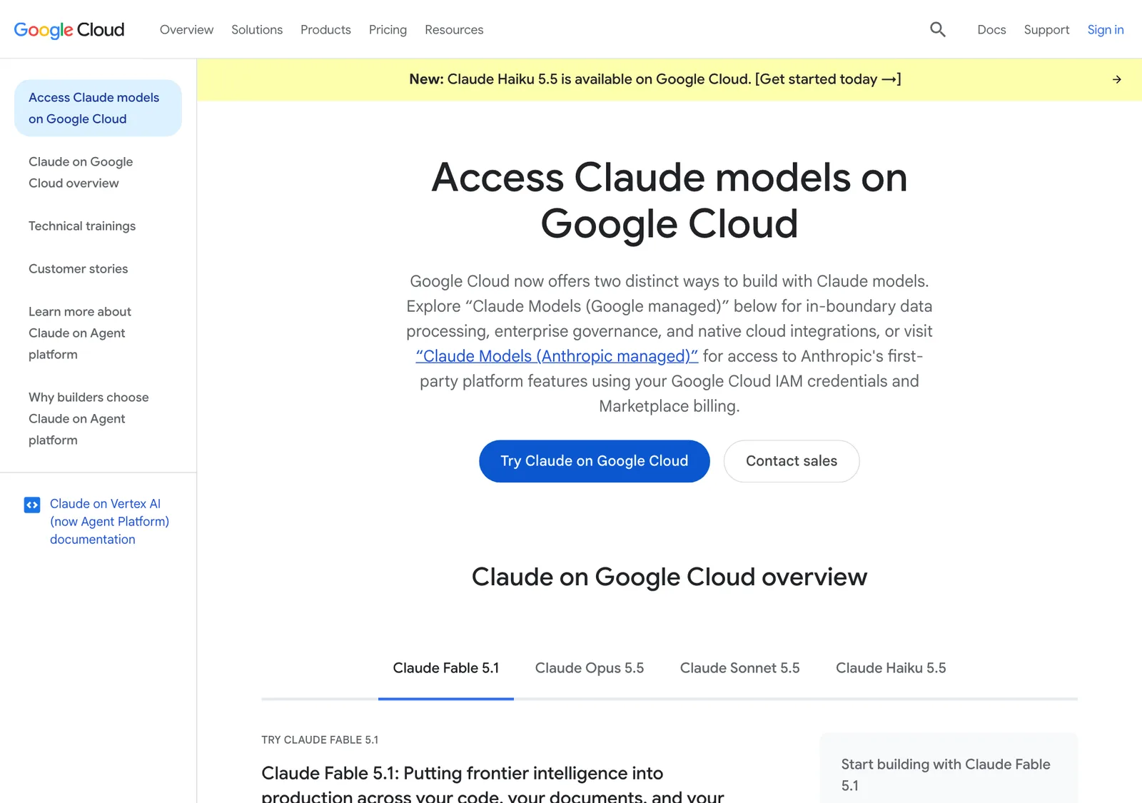 หน้า Access Claude models on Google Cloud อธิบายสองทางเลือก Claude Models (Google managed) และ Claude Models (Anthropic managed) พร้อมแท็บ Claude Fable 5.1, Opus 5.5, Sonnet 5.5 และ Haiku 5.5