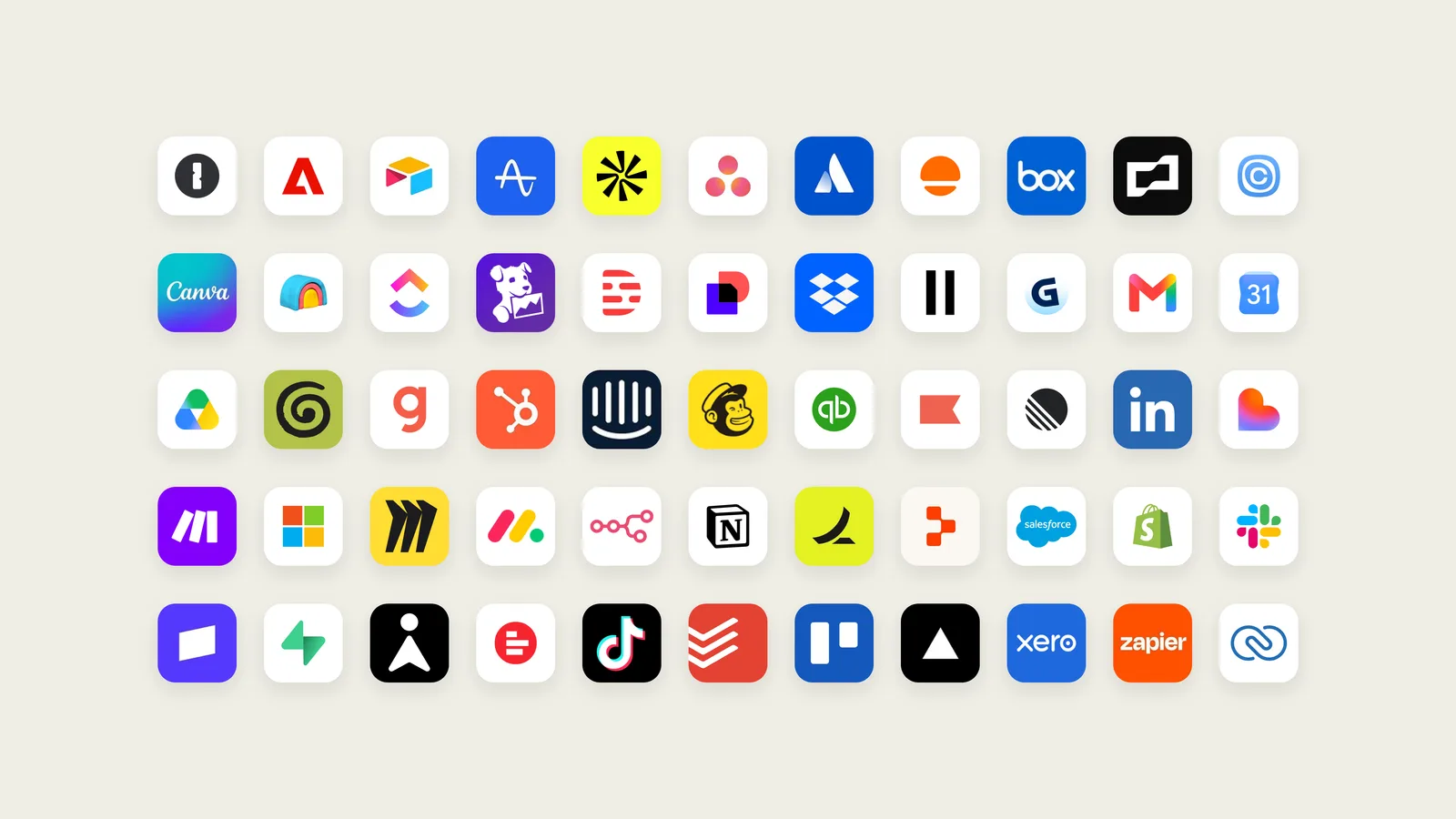 โลโก้แอปที่ทำงานร่วมกับ Claude Duet ราว 55 แอป เช่น Canva, Dropbox, Box, HubSpot, QuickBooks, LinkedIn, Notion, Salesforce, Shopify, Slack, Xero และ Zapier