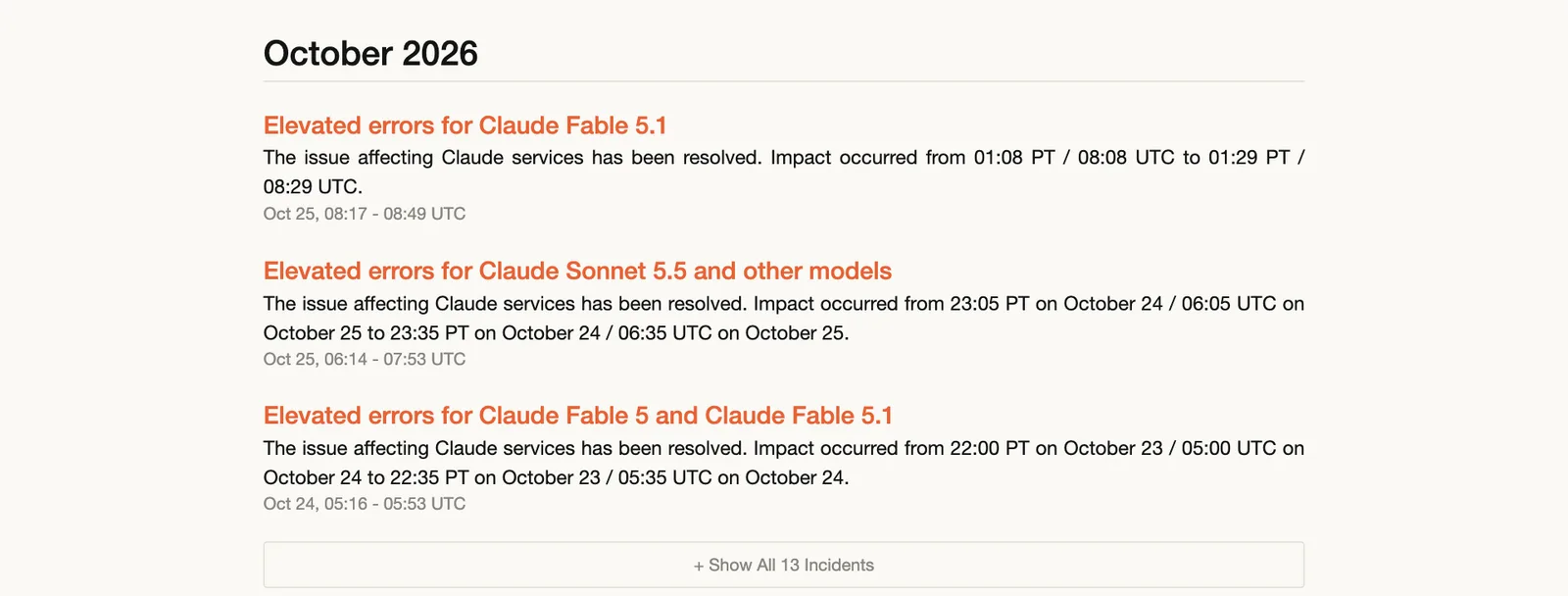 ภาพหน้าจอหน้าประวัติเหตุของ Claude Status เดือนตุลาคม 2026 แสดงเหตุ Claude ล่ม ต.ค. 2569: Elevated errors for Claude Fable 5.1, Claude Sonnet 5.5 and other models และ Claude Fable 5 and Claude Fable 5.1 พร้อมช่วงเวลา UTC