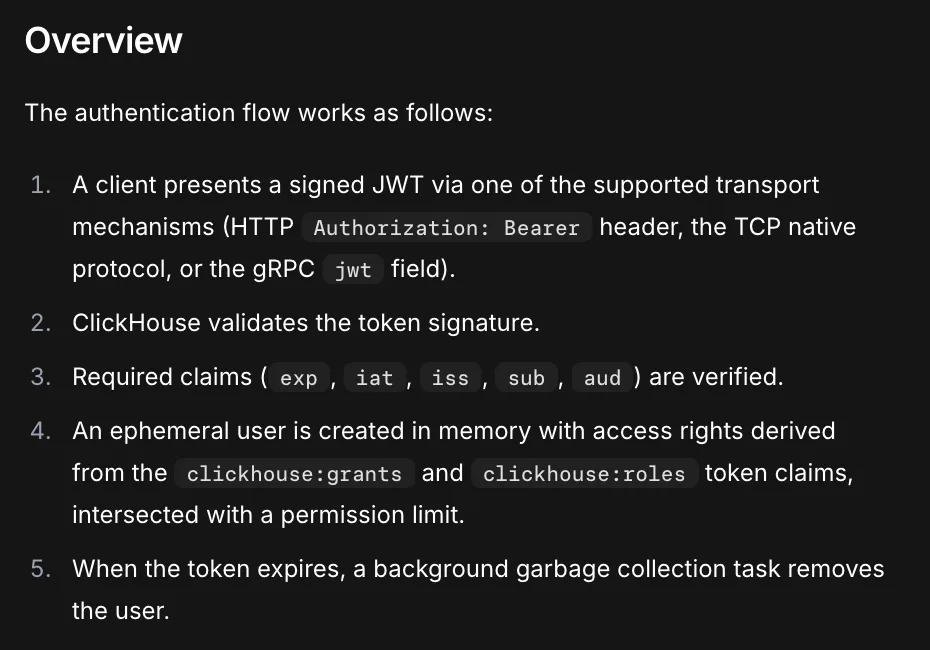 หัวข้อ Overview ในเอกสาร JWT Authentication ของ ClickHouse อธิบาย 5 ขั้นตอน: ส่งโทเคน ตรวจลายเซ็น ตรวจ claim สร้างผู้ใช้ชั่วคราว และลบเมื่อหมดอายุ