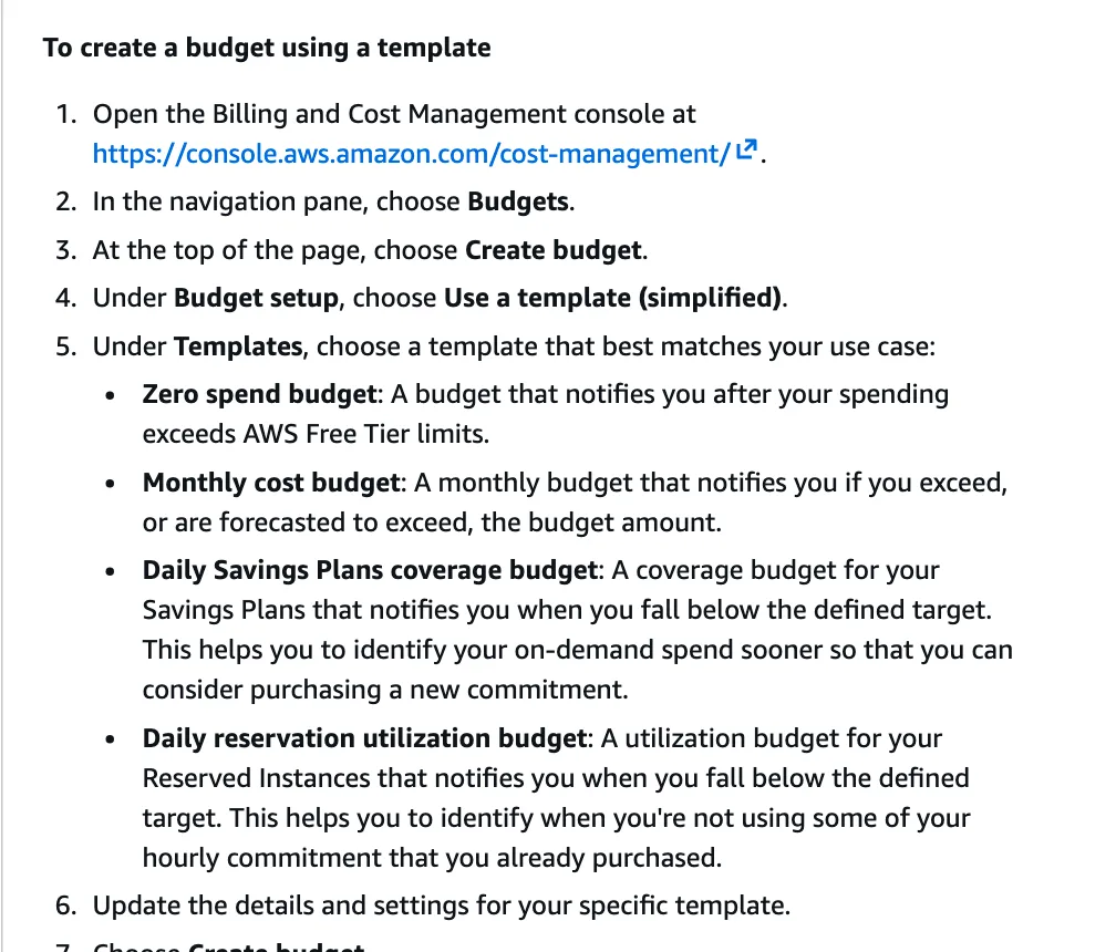 เอกสาร AWS ขั้นตอนสร้างงบประมาณคลาวด์ด้วย template: เปิด Budgets กด Create budget เลือก Use a template (simplified) แล้วเลือก Zero spend budget หรือ Monthly cost budget