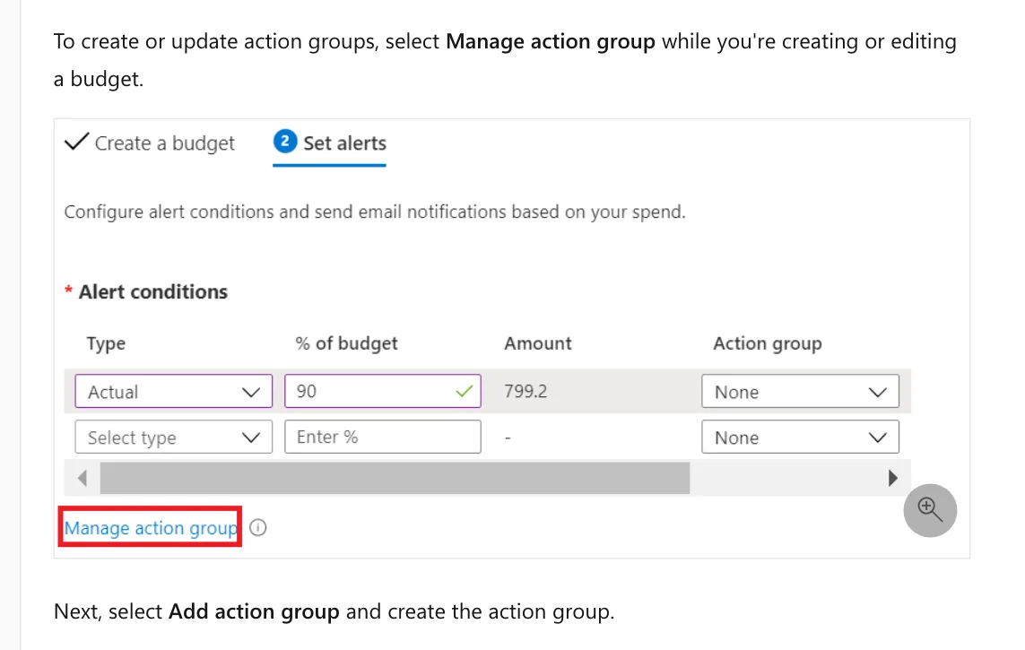 เอกสาร Microsoft แสดงขั้น Set alerts ของ budget ใน Azure ที่มีคอลัมน์ Action group และลิงก์ Manage action group ที่ไฮไลต์ไว้