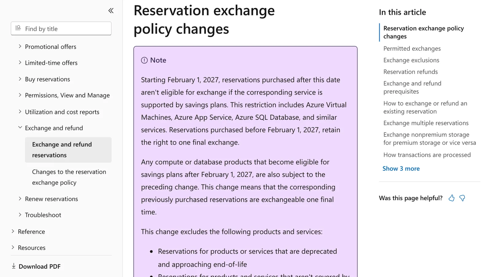 ภาพหน้าจอเอกสาร Microsoft Learn หัวข้อ Reservation exchange policy changes ระบุวันที่ February 1, 2027