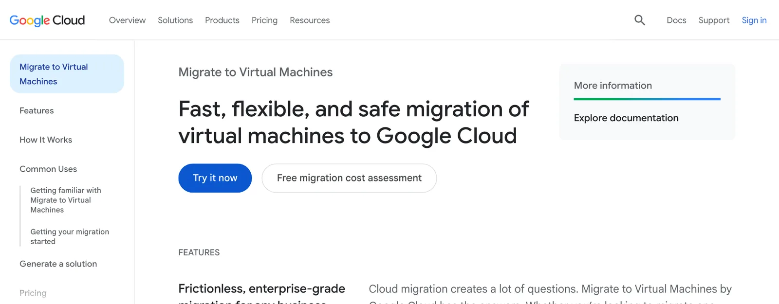 ภาพหน้าจอหน้าบริการ Migrate to Virtual Machines ของ Google Cloud