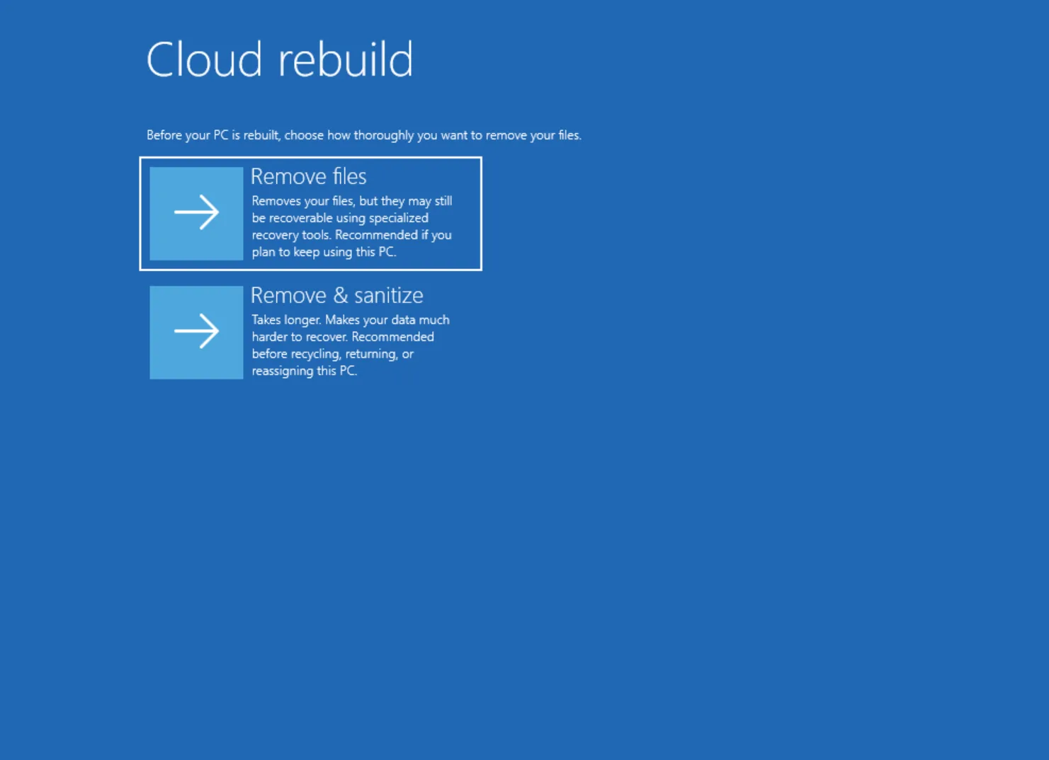 หน้าเลือก Remove files หรือ Remove and sanitize ใน Cloud rebuild