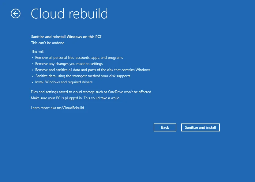 หน้ายืนยัน Sanitize and install แสดงรายการที่จะถูกลบ