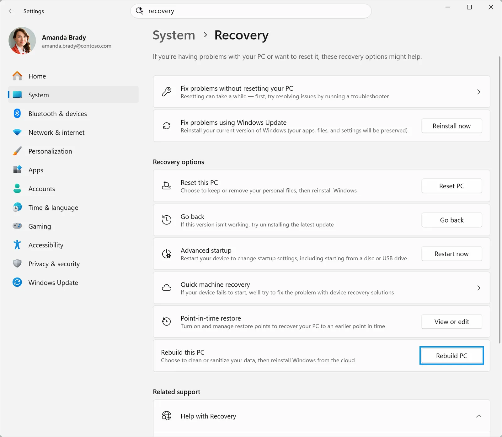 หน้า System Recovery ใน Windows 11 มีปุ่ม Rebuild PC สำหรับเริ่ม Cloud rebuild Windows 11