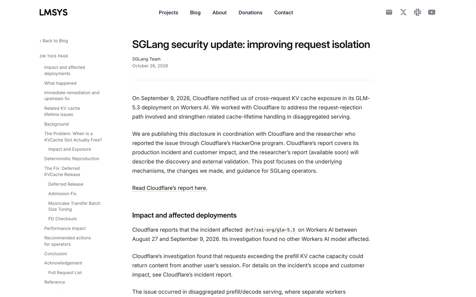 หน้าบทความ SGLang security update: improving request isolation ของทีม SGLang บนเว็บ LMSYS Org วันที่ 26 ตุลาคม 2026