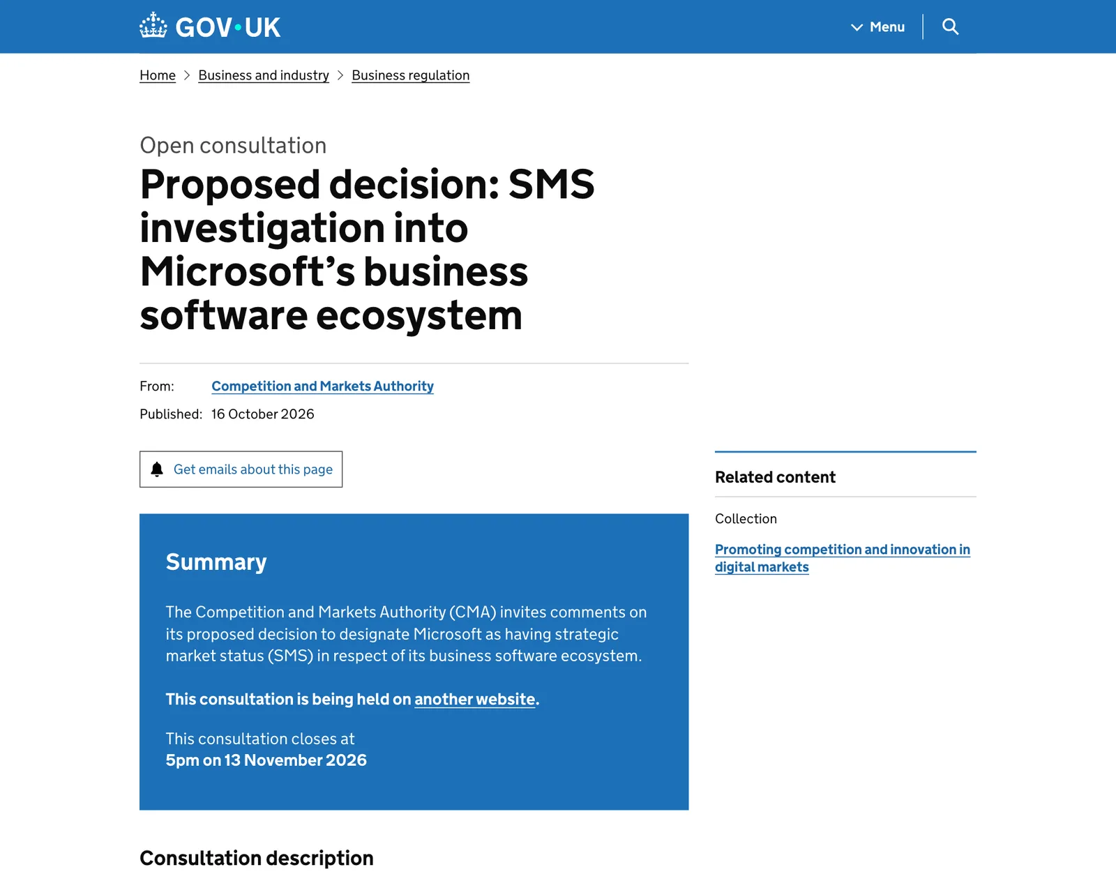 หน้า Open consultation ของ CMA บน GOV.UK เรื่อง Proposed decision: SMS investigation into Microsoft's business software ecosystem ปิดรับความเห็น 5pm on 13 November 2026