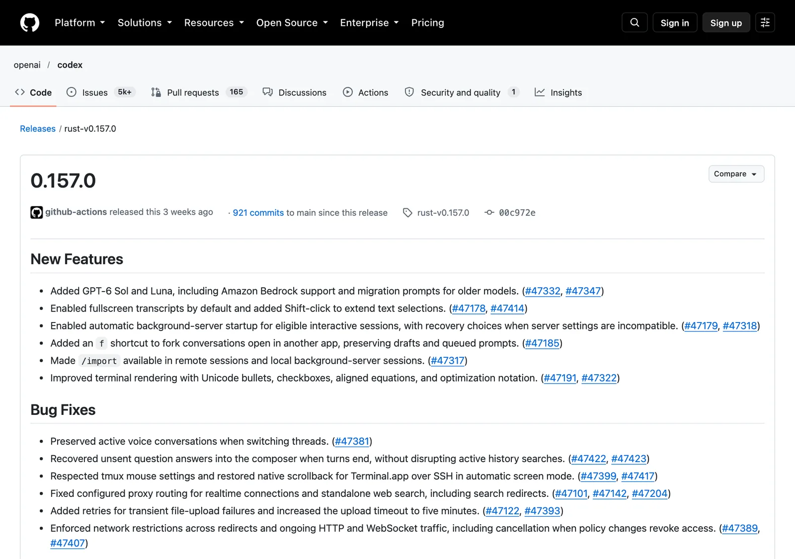 หน้า release Codex CLI 0.157.0 ของ openai/codex บน GitHub หัวข้อ New Features มีบรรทัด Enabled automatic background-server startup for eligible interactive sessions