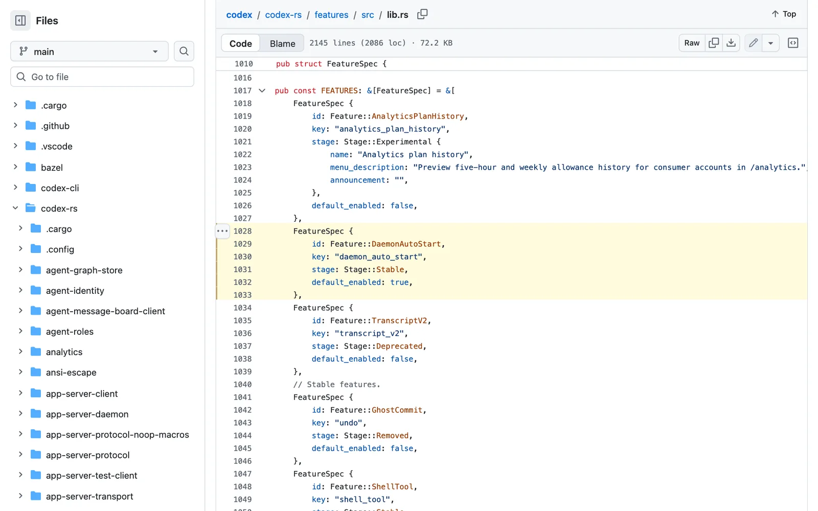 โค้ดไฟล์ codex-rs/features/src/lib.rs บน branch main ของ Codex CLI บรรทัด 1028–1033 กำหนด daemon_auto_start เป็น Stage::Stable และ default_enabled: true