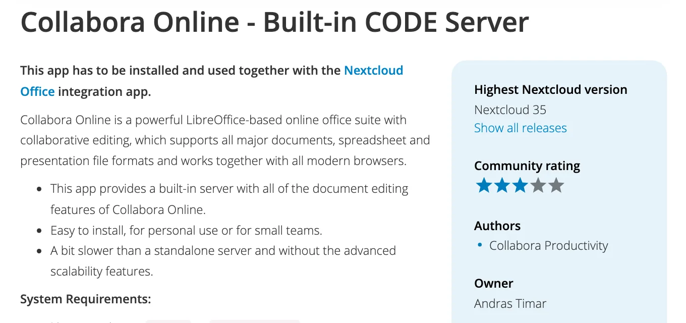 หน้าแอป Collabora Online - Built-in CODE Server ใน Nextcloud App Store ระบุว่าต้องใช้คู่กับแอป Nextcloud Office ติดตั้งง่าย เหมาะกับการใช้ส่วนตัวหรือทีมเล็ก และผู้พัฒนาคือ Collabora Productivity