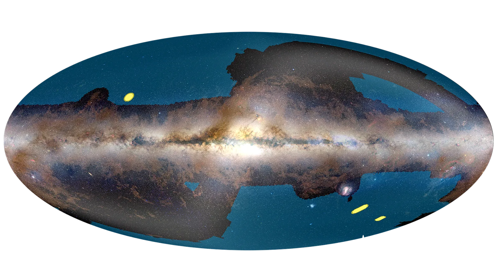 แผนที่ท้องฟ้าของ ESA แสดงพื้นที่สำรวจกว้างของ Euclid (สีน้ำเงิน) และพื้นที่สำรวจลึก 3 แห่ง (สีเหลือง) รวม Euclid Deep Field North ที่พบดาวหาง โดยมีแถบสว่างแนวนอนคือระนาบทางช้างเผือก