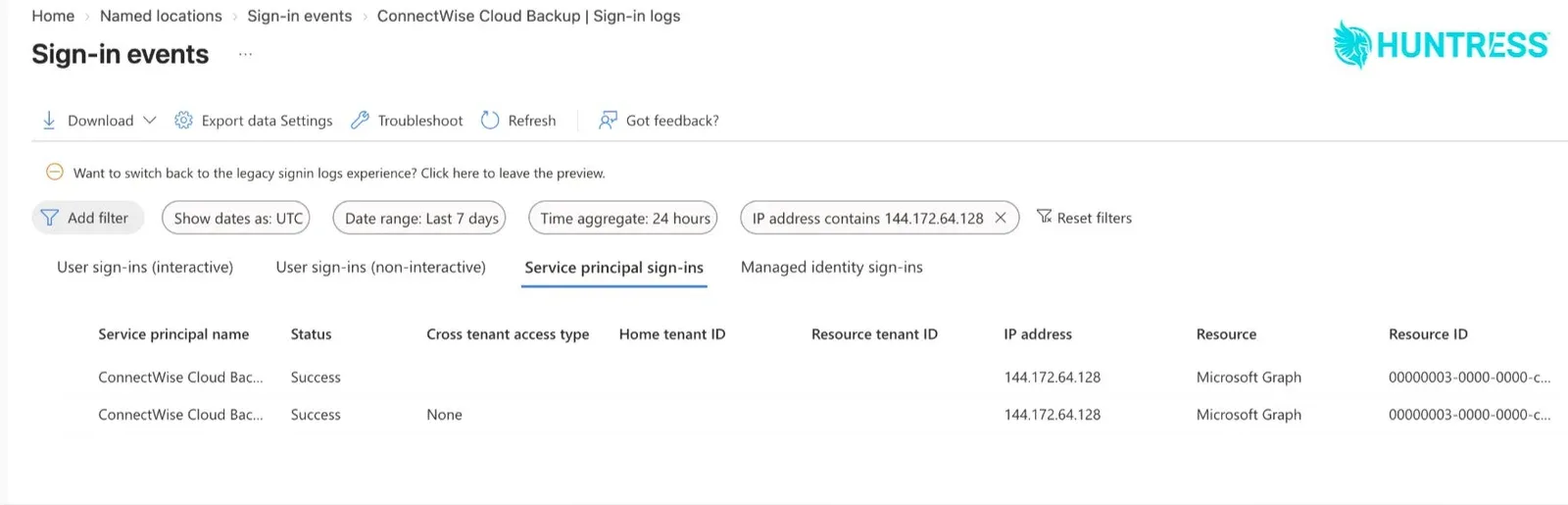 หน้า Sign-in events ใน Microsoft Entra Admin Center ที่กรองด้วย IP 144.172.64.128 แสดงการล็อกอินสำเร็จของ service principal ConnectWise Cloud Backup ไปยัง Microsoft Graph