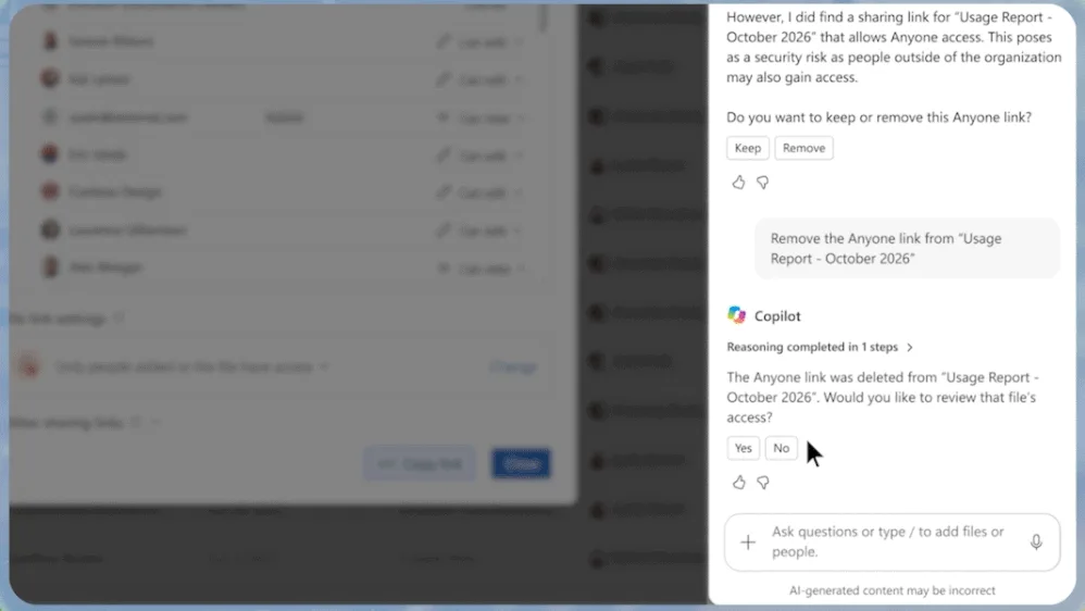 Copilot ใน OneDrive แจ้งว่าพบลิงก์แบบ Anyone ในไฟล์ Usage Report และลบลิงก์นั้นตามคำสั่งของผู้ใช้ ภาพแผนงานในอนาคตจาก Microsoft