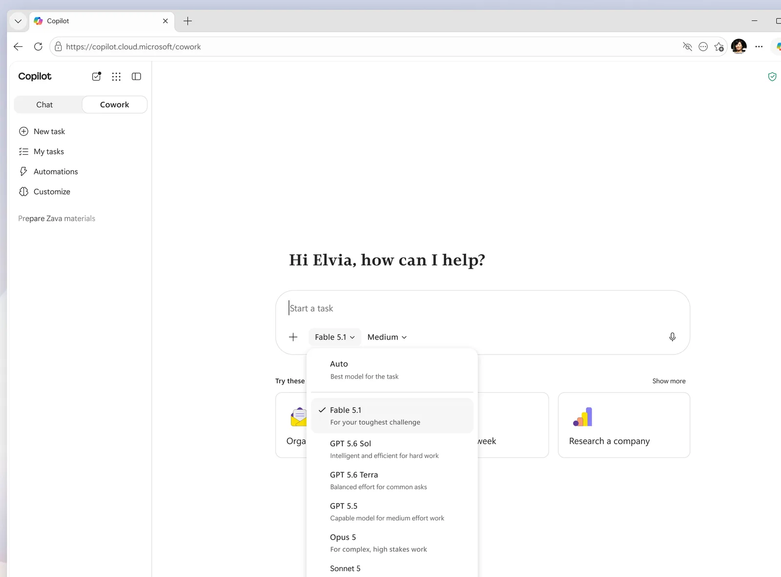 ตัวเลือกโมเดลใน Copilot Cowork บนเว็บ copilot.cloud.microsoft เลือก Fable 5.1 ไว้ พร้อม Auto, GPT 5.6 Sol, GPT 5.6 Terra, GPT 5.5, Opus 5 และ Sonnet 5 ในรายการ