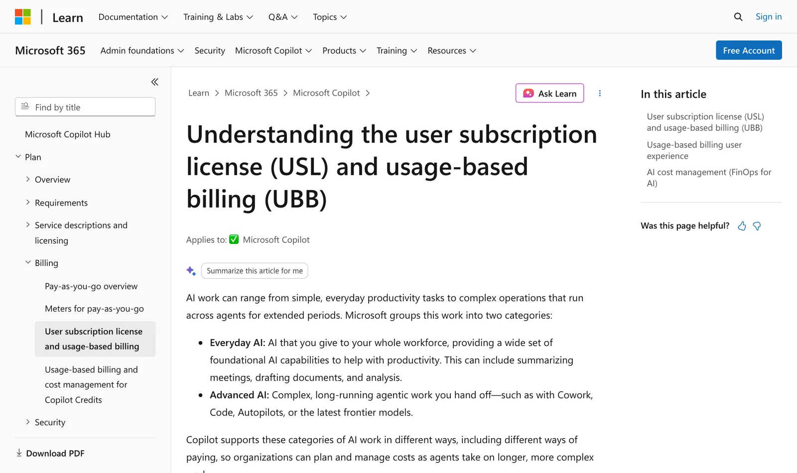 หน้า Microsoft Learn Understanding the user subscription license (USL) and usage-based billing (UBB) แบ่งงาน AI เป็น Everyday AI และ Advanced AI