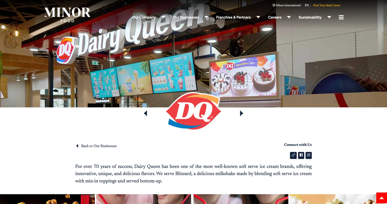 หน้าแบรนด์ Dairy Queen บนเว็บไซต์ไมเนอร์ ฟู้ด มีภาพหน้าร้าน Dairy Queen และจอเมนูไอศกรีม