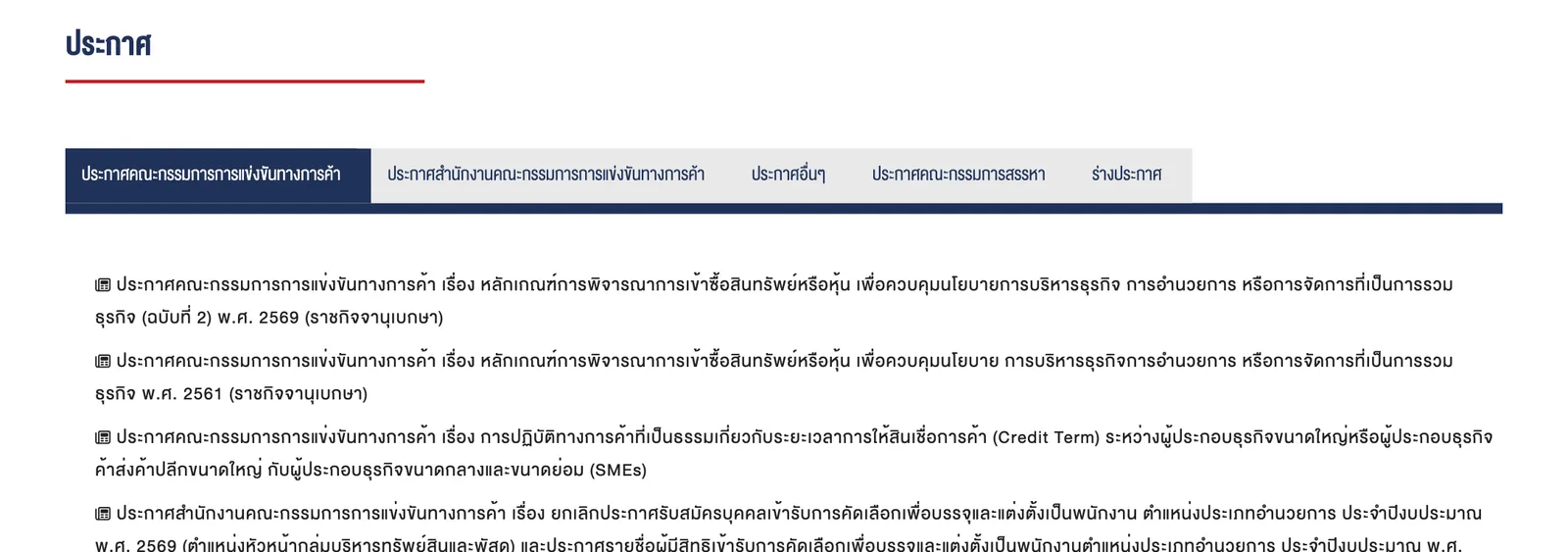 หน้ารายการประกาศ กขค. ที่มีประกาศเรื่อง Credit Term ระหว่างธุรกิจขนาดใหญ่หรือค้าส่งค้าปลีกขนาดใหญ่กับ SMEs
