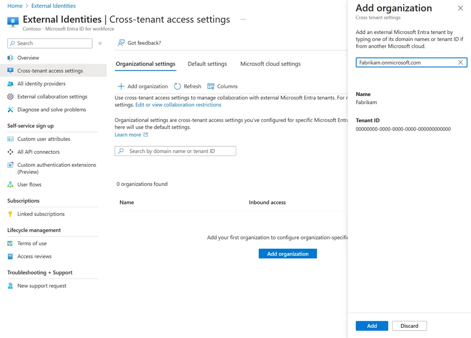 หน้าการเพิ่มองค์กรใน Cross-tenant access settings ของ Microsoft Entra ใช้ Tenant ID หรือชื่อโดเมนระบุองค์กรคู่ค้า