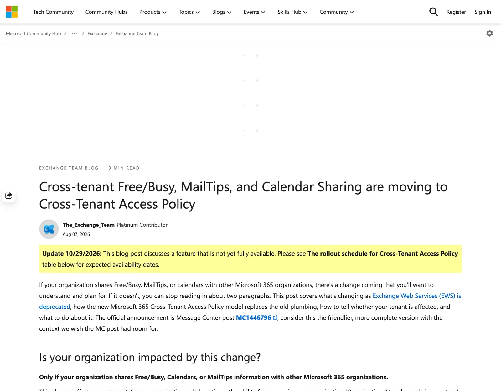 โพสต์ Cross-tenant Free/Busy, MailTips, and Calendar Sharing are moving to Cross-Tenant Access Policy พร้อมหมายเหตุอัปเดต 29 ตุลาคม 2026