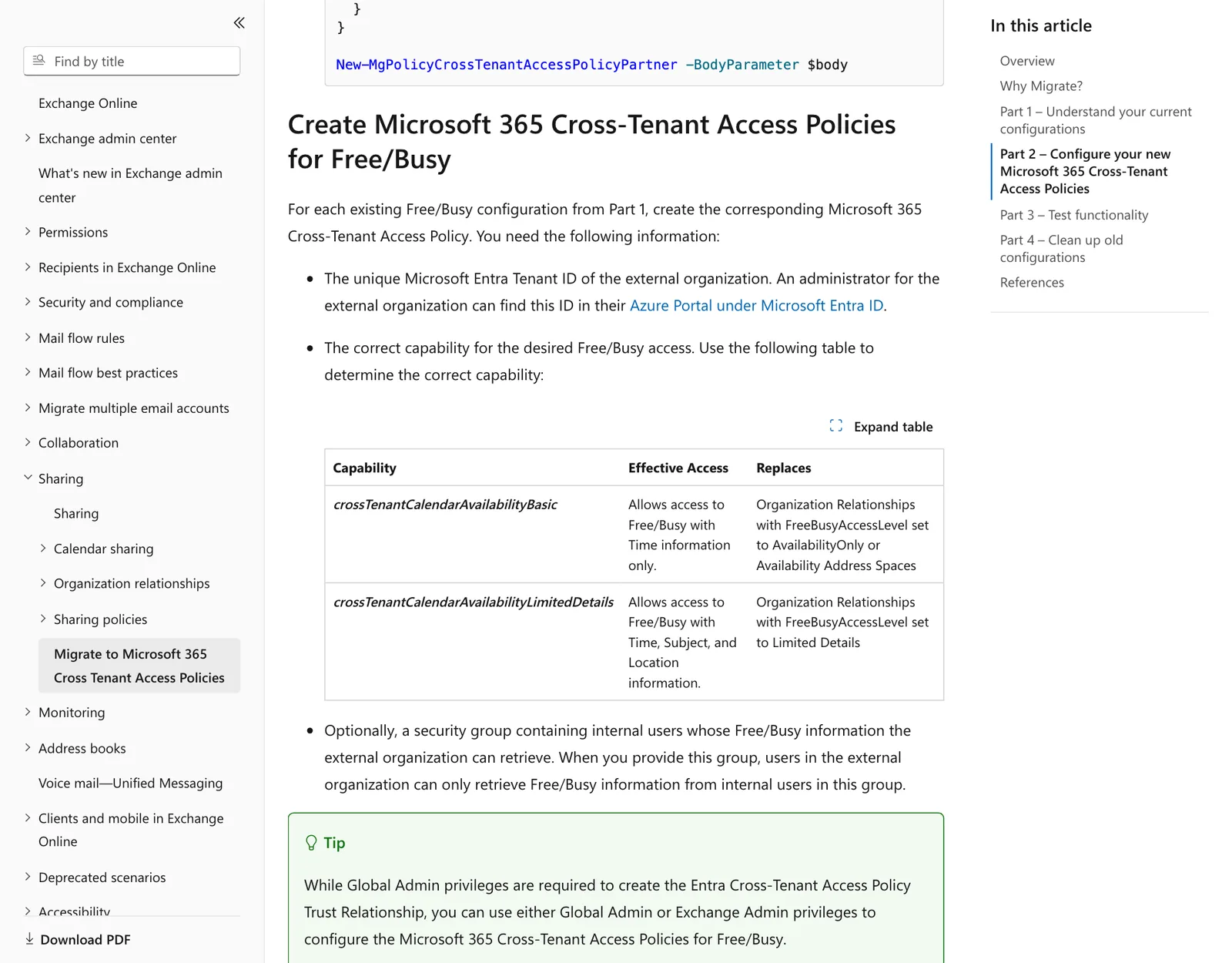 ส่วนสร้างนโยบาย Cross-Tenant Free/Busy ในคู่มือ Microsoft Learn แสดง capability crossTenantCalendarAvailabilityBasic และ LimitedDetails