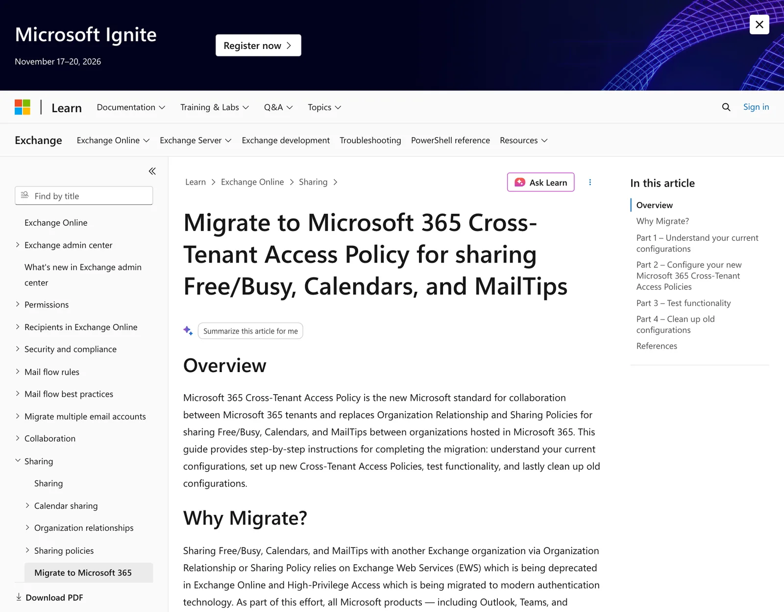 หน้า Microsoft Learn ชื่อ Migrate to Microsoft 365 Cross-Tenant Access Policy for sharing Free/Busy, Calendars, and MailTips
