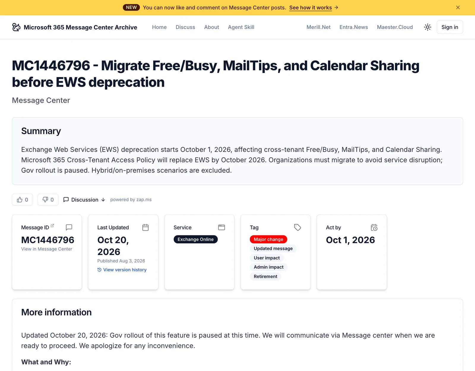 ข้อความ MC1446796 Migrate Free/Busy, MailTips, and Calendar Sharing before EWS deprecation อัปเดตล่าสุด 20 ตุลาคม 2026