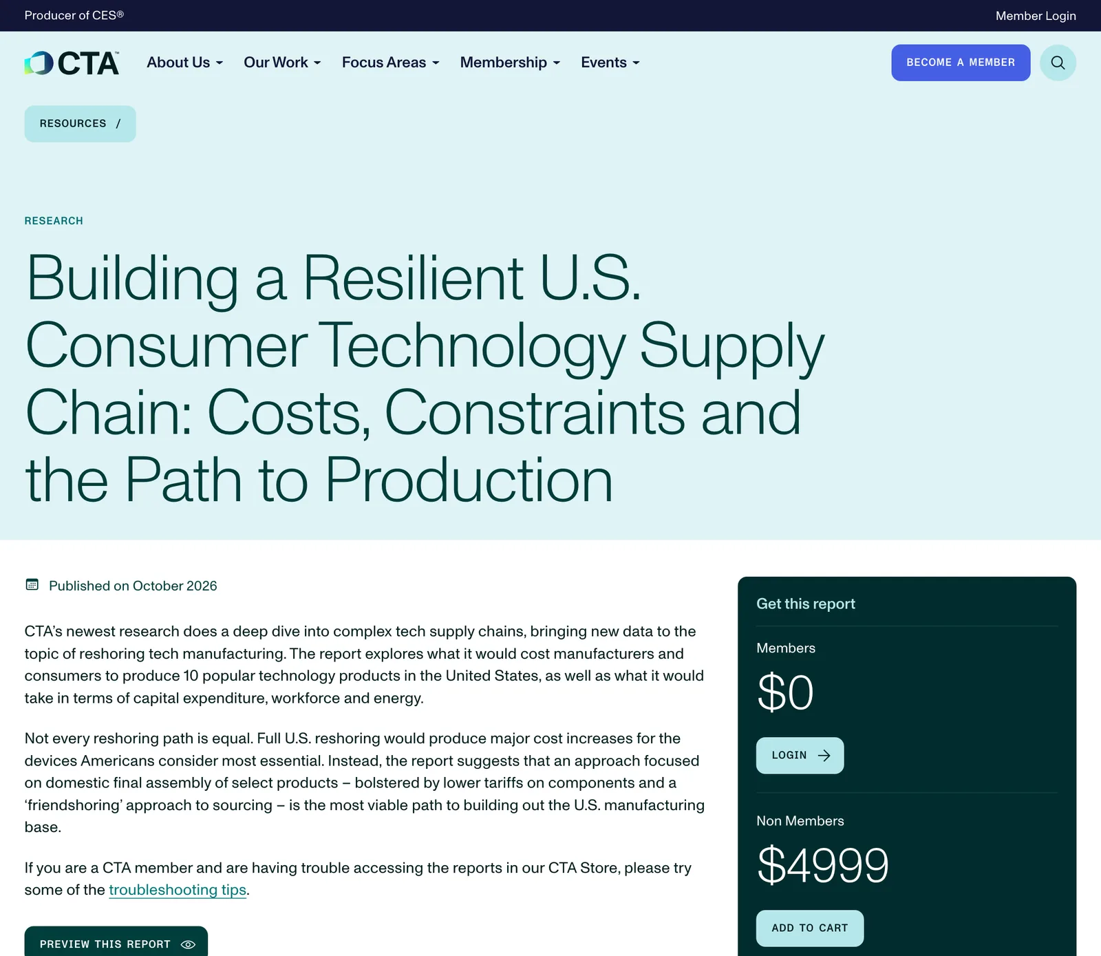 ภาพหน้าจอหน้ารายงาน Reshoring ของ CTA เรื่อง Building a Resilient U.S. Consumer Technology Supply Chain ที่ศึกษาต้นทุนการผลิตสินค้าเทคโนโลยี 10 ประเภทในสหรัฐฯ