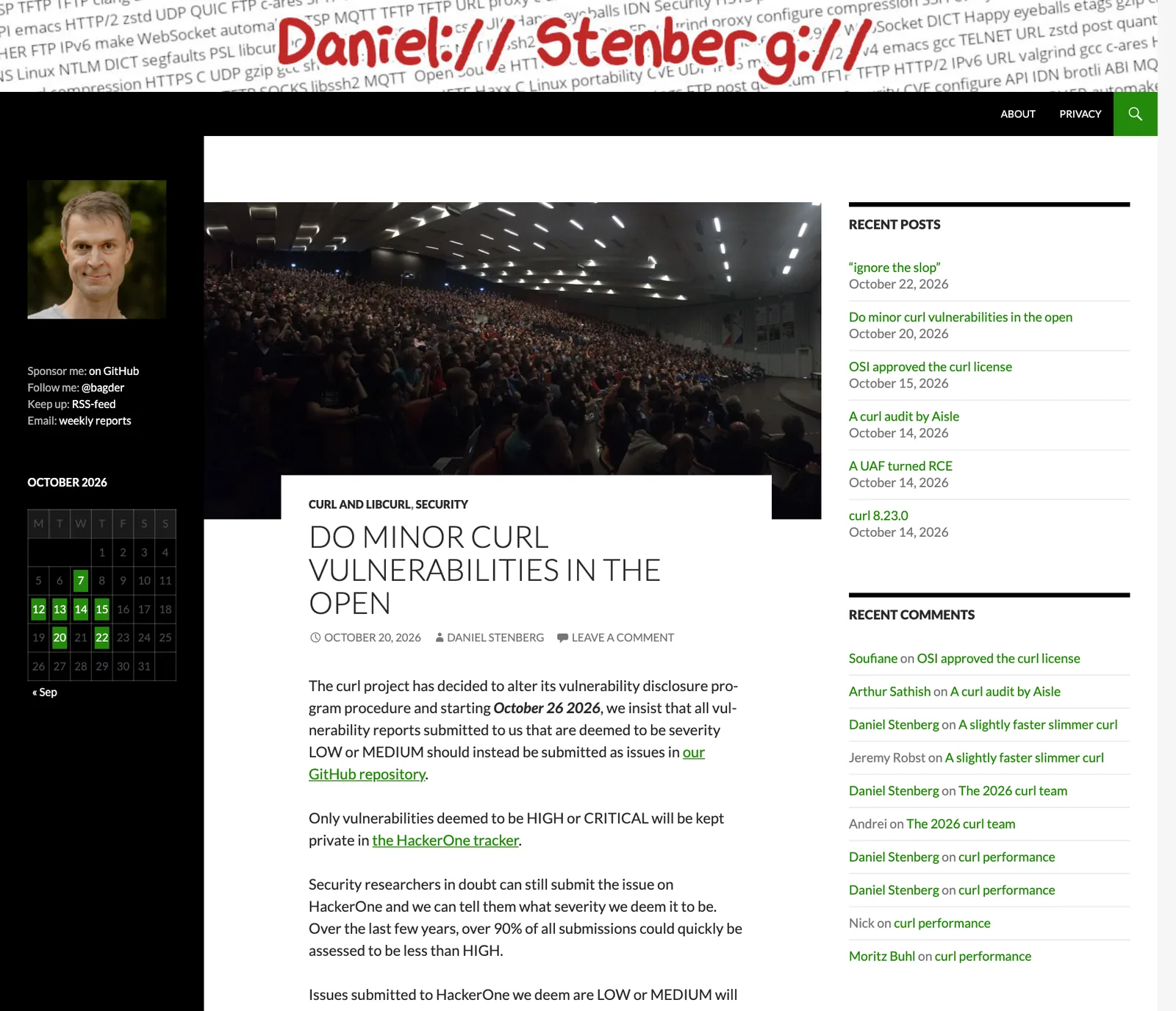 ภาพหน้าจอบล็อก Daniel Stenberg เรื่อง Do minor curl vulnerabilities in the open ลงวันที่ 20 ตุลาคม 2026 ประกาศให้ส่งรายงานช่องโหว่ curl ระดับ LOW และ MEDIUM บน GitHub
