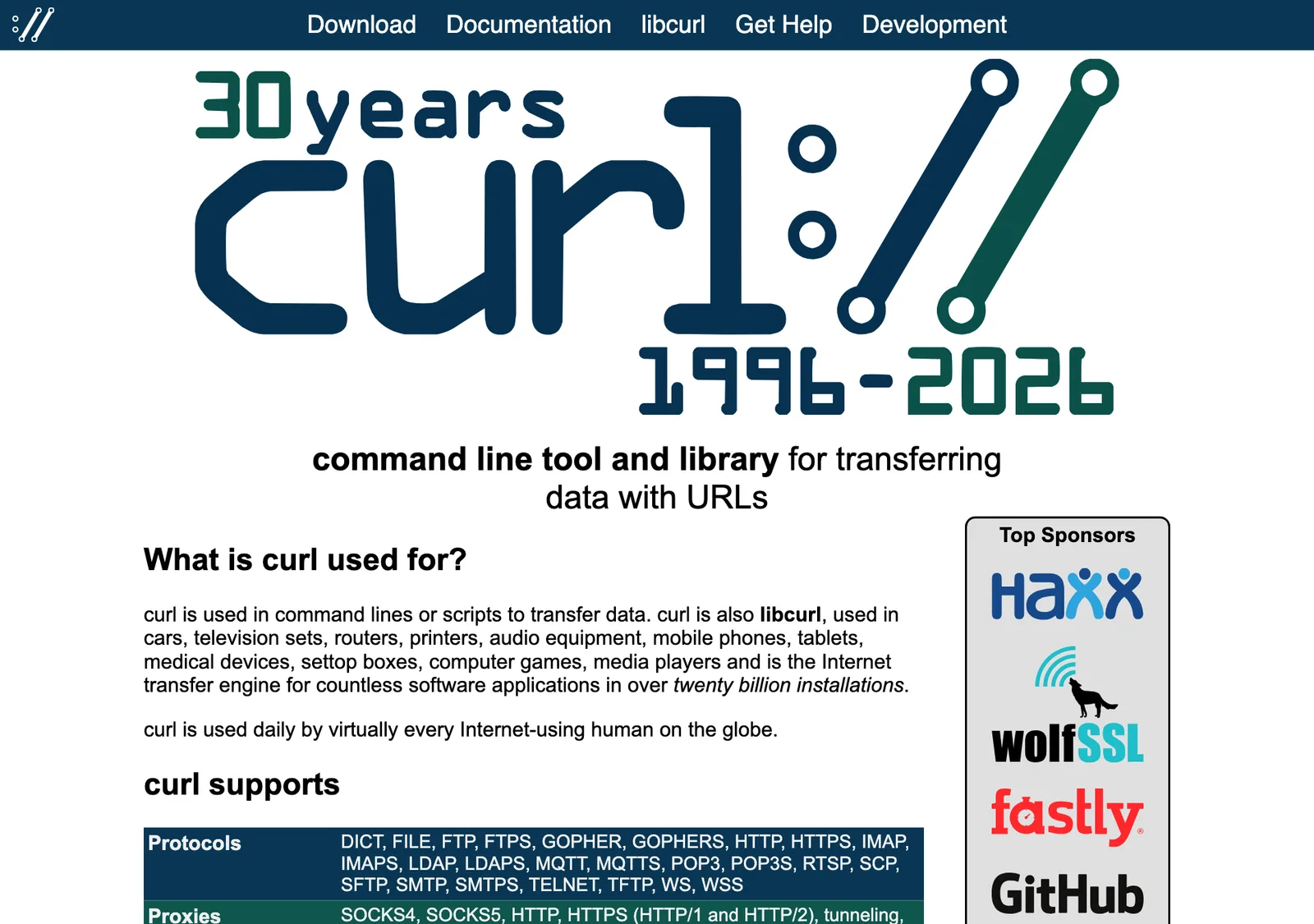 หน้าแรกเว็บไซต์ curl.se แสดงโลโก้ curl ครบ 30 ปี 1996–2026 และข้อความว่า curl อยู่ในการติดตั้งมากกว่า 2 หมื่นล้านชุด