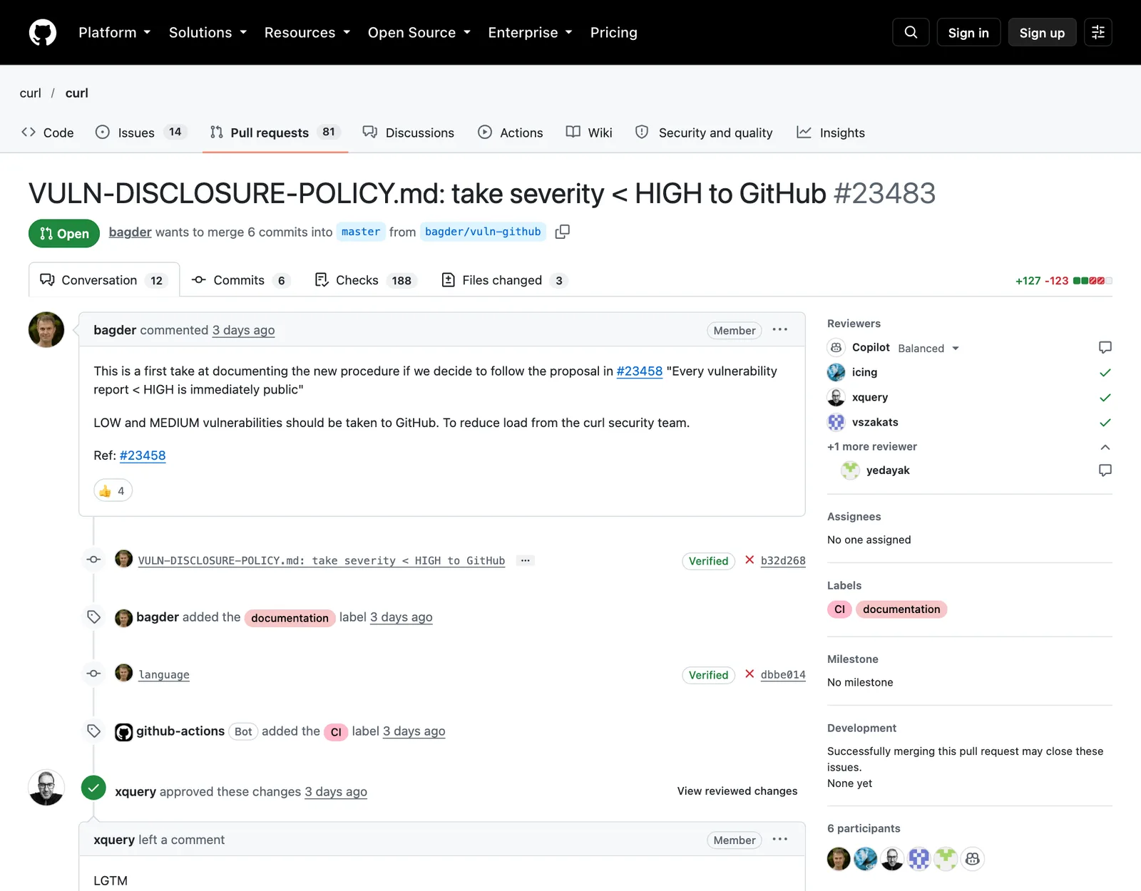 ภาพหน้าจอ pull request #23483 ในคลังโค้ด curl/curl บน GitHub หัวข้อ VULN-DISCLOSURE-POLICY.md: take severity < HIGH to GitHub สถานะ Open