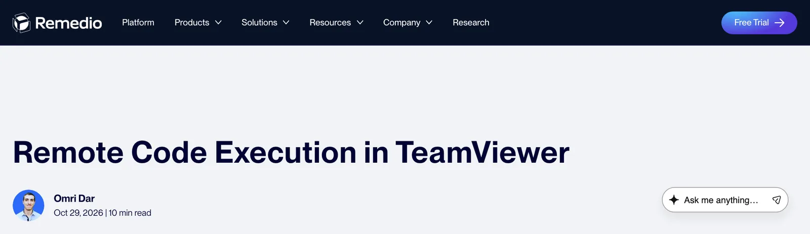 หัวรายงาน Remote Code Execution in TeamViewer โดย Omri Dar ของ Remedio เรื่อง CVE-2026-111585 ลงวันที่ 29 ตุลาคม 2026