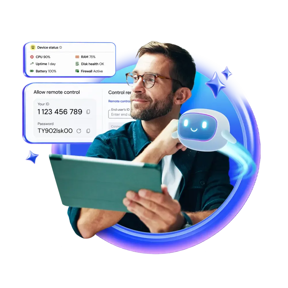 ภาพผลิตภัณฑ์ TeamViewer Remote ชายถือแท็บเล็ตพร้อมแผงอนุญาตการควบคุมระยะไกล