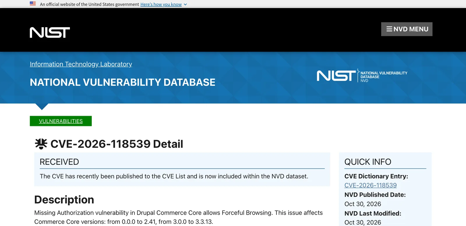 หน้า NVD ของ CVE-2026-118539 Missing Authorization vulnerability in Drupal Commerce Core