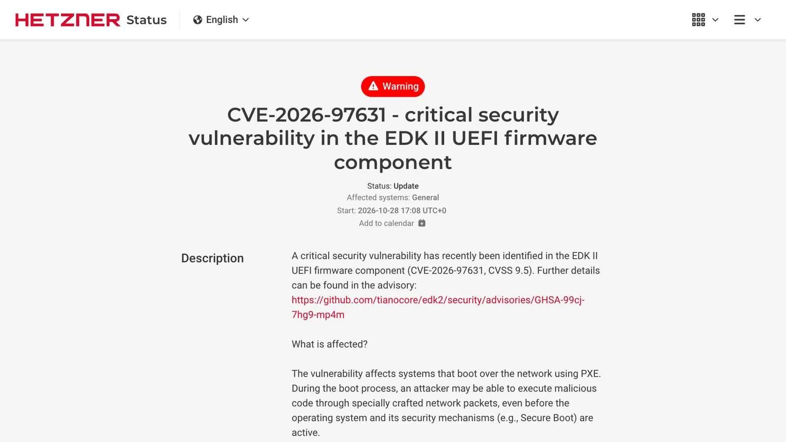 หน้าสถานะ Hetzner หัวข้อ CVE-2026-97631 critical security vulnerability in the EDK II UEFI firmware component สถานะ Update
