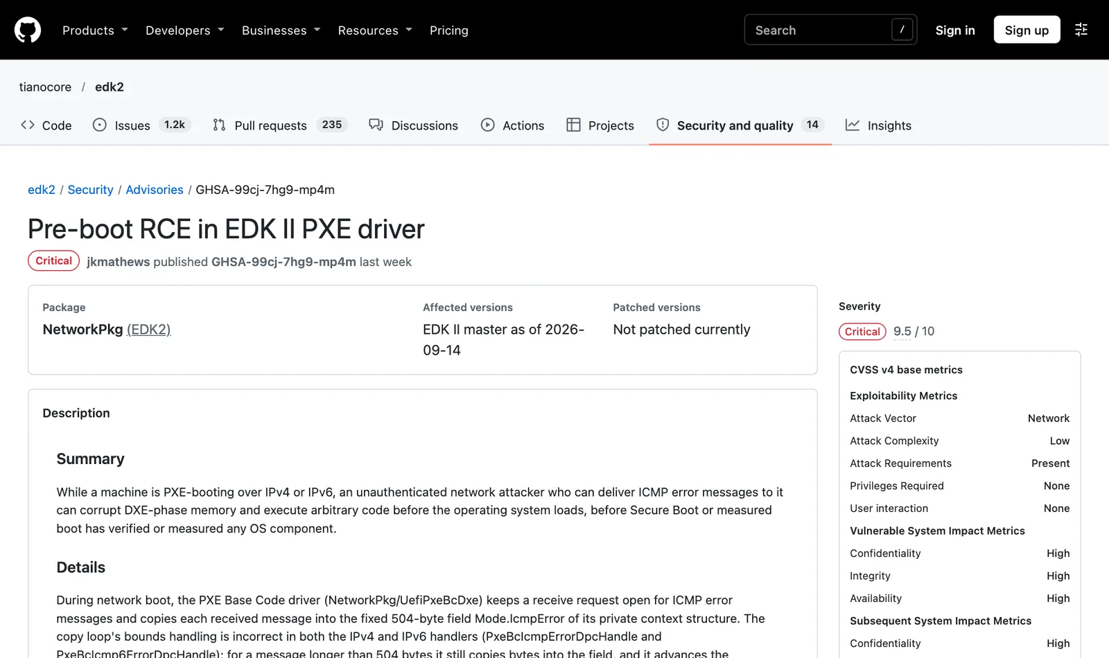 ประกาศ GHSA-99cj-7hg9-mp4m เรื่อง CVE-2026-97631 ของ TianoCore ระดับ Critical 9.5 ระบุ Patched versions ว่า Not patched currently