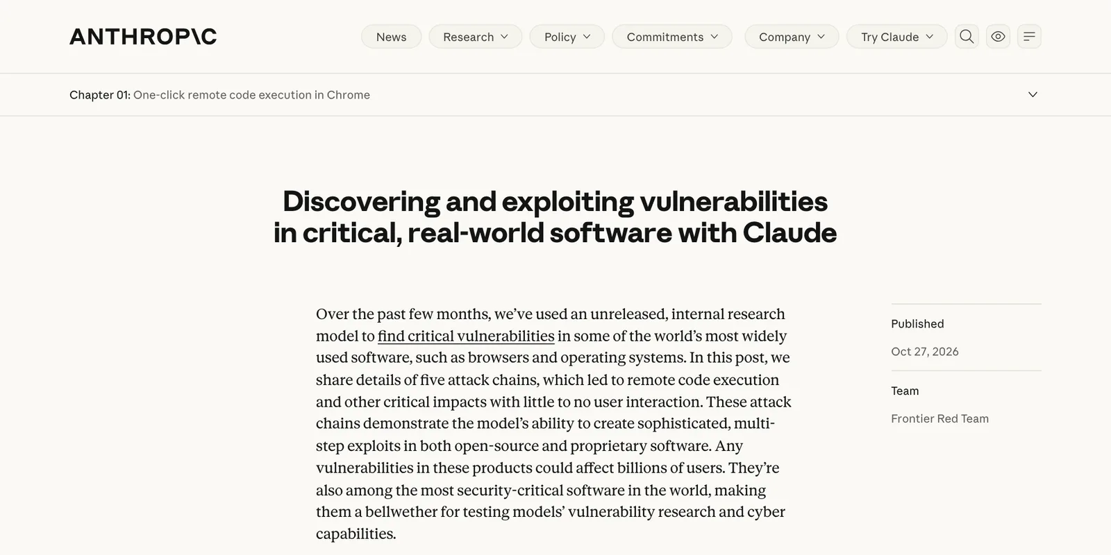 บทความ Discovering and exploiting vulnerabilities in critical, real-world software with Claude ของ Anthropic เผยแพร่ 27 ตุลาคม 2026