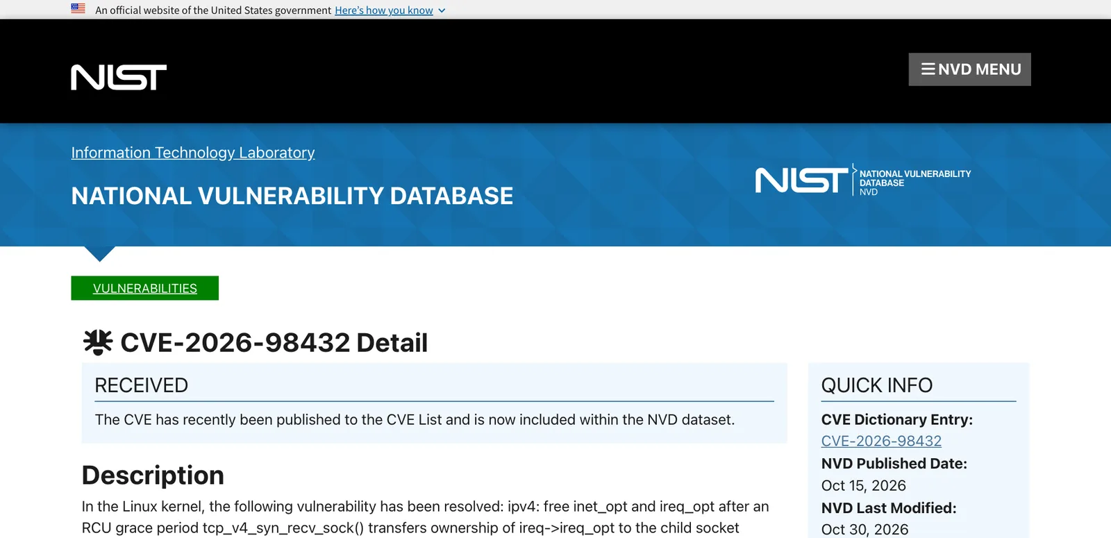 หน้า NVD ของ CVE-2026-98432 ฐานข้อมูลช่องโหว่แห่งชาติของสหรัฐฯ