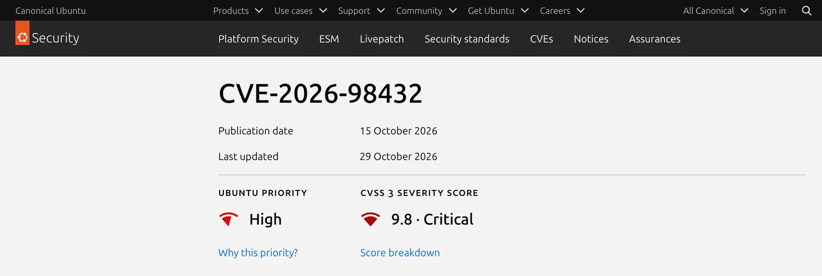 หน้า Ubuntu Security ของ CVE-2026-98432 เผยแพร่ 15 ตุลาคม 2026 ปรับปรุง 29 ตุลาคม 2026 Priority High CVSS 3 9.8
