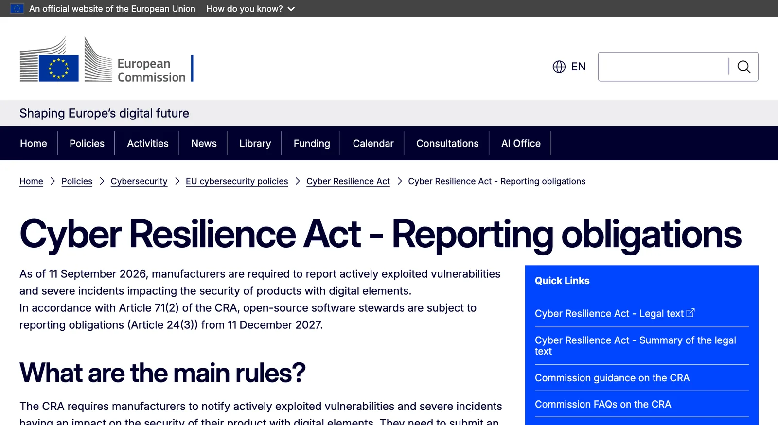 หน้า Cyber Resilience Act - Reporting obligations ของคณะกรรมาธิการยุโรป
