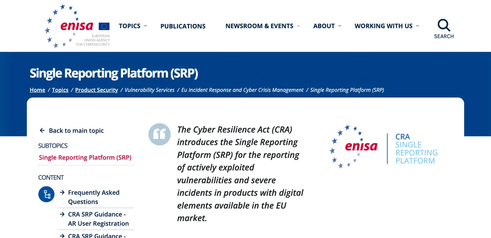 หน้า Single Reporting Platform ของ ENISA